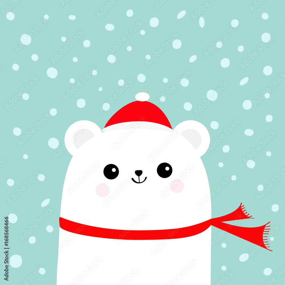 Polar white little small bear cub wearing hat and red scarf. Head face with eyes smile. Cute cartoon baby character. Arctic animal collection. Flat design Winter blue background Snow flake. Polar white little small bear cub wearing hat and red scarf. Head face with eyes smile. Cute cartoon baby character. Arctic animal collection. Flat design Winter blue background Snow flake.