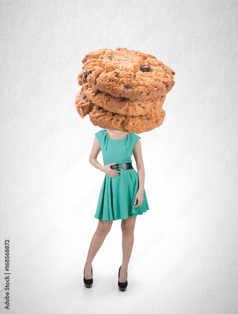 Woman or cookie headed girl with concept on a background. Woman or cookie headed girl with concept on a background.