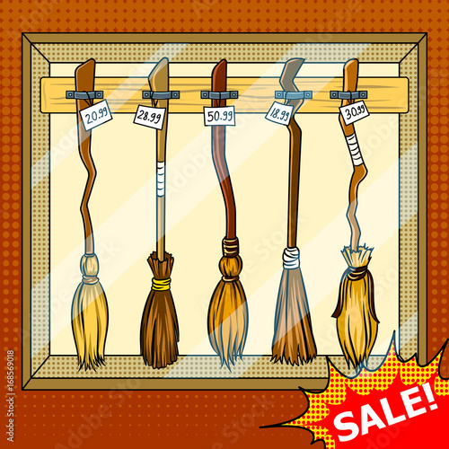 Sale of flying brooms pop art style vector