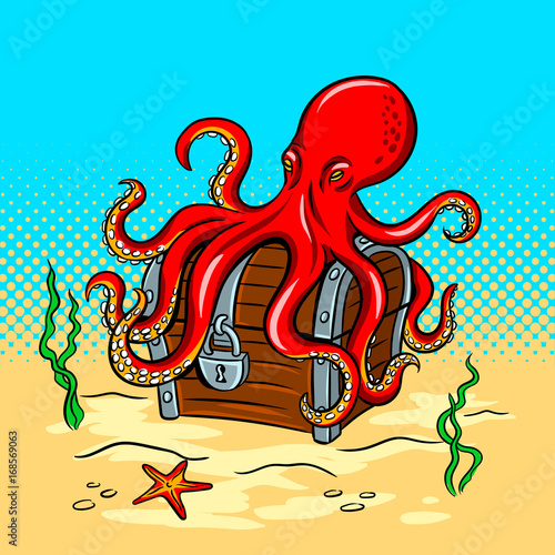 Octopus guards treasure chest pop art vector