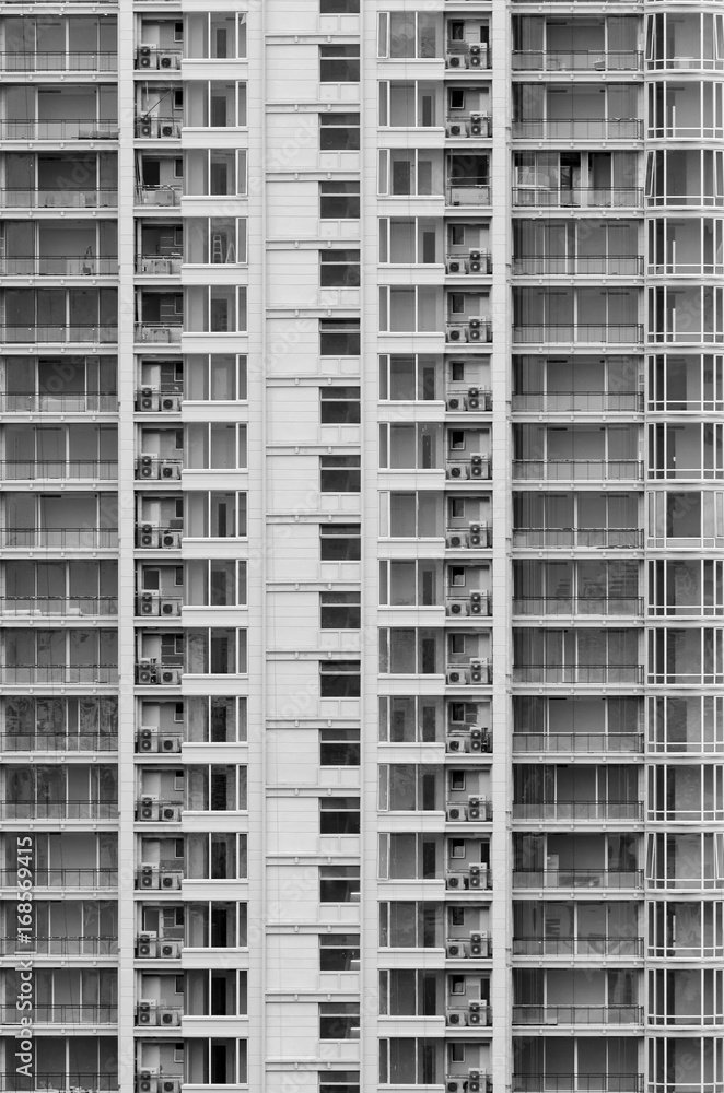 building detail, balconies and windows, black and white photography