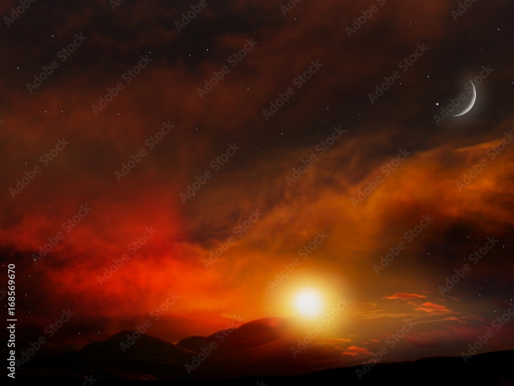 Fiery orange sunset sky . Sunset and new moon . Crescent and many clouds in night sky . Prayer time .  Dramatic nature background . Arab night    