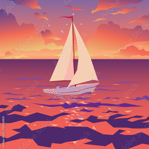 White boat with sail and red flag. Sunset on tropical ocean. Vector.