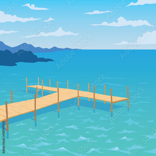 Tropical ocean landscape with wooden dock.