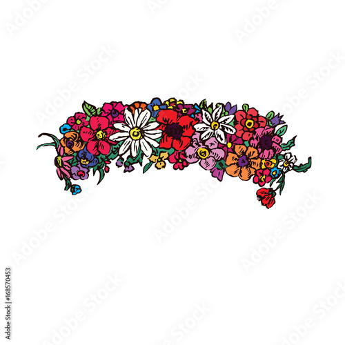 Wreath of wildflowers, daisies and poppies, hand drawn doodle, sketch in woodcut style, vector illustration