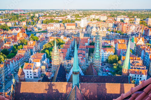 Cityscape aerial view on the old town on the sunset in Gdansk, Poland