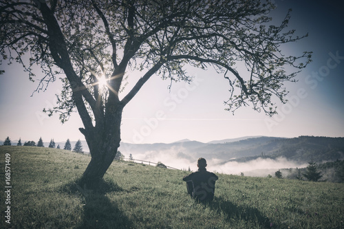 Man sitting on a hill under the tree. Instagram stylization