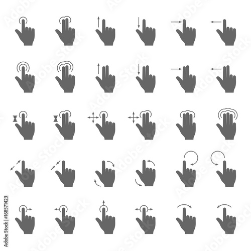 Hand swipe and drag gesture vector icons with touching action arrows for touch screen device