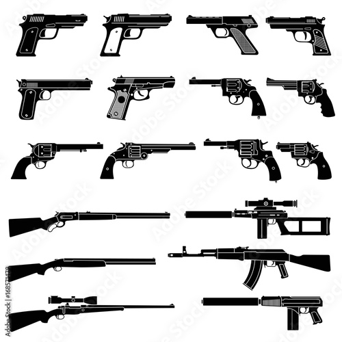 Gun and automatic weapon vector icons. Military combat firearms pictograms