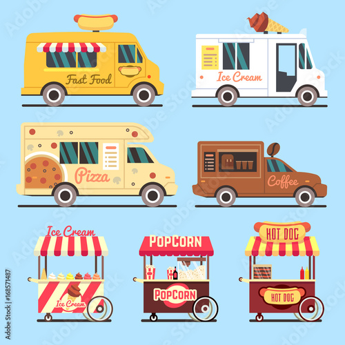 Street fast food delivery trucks flat set