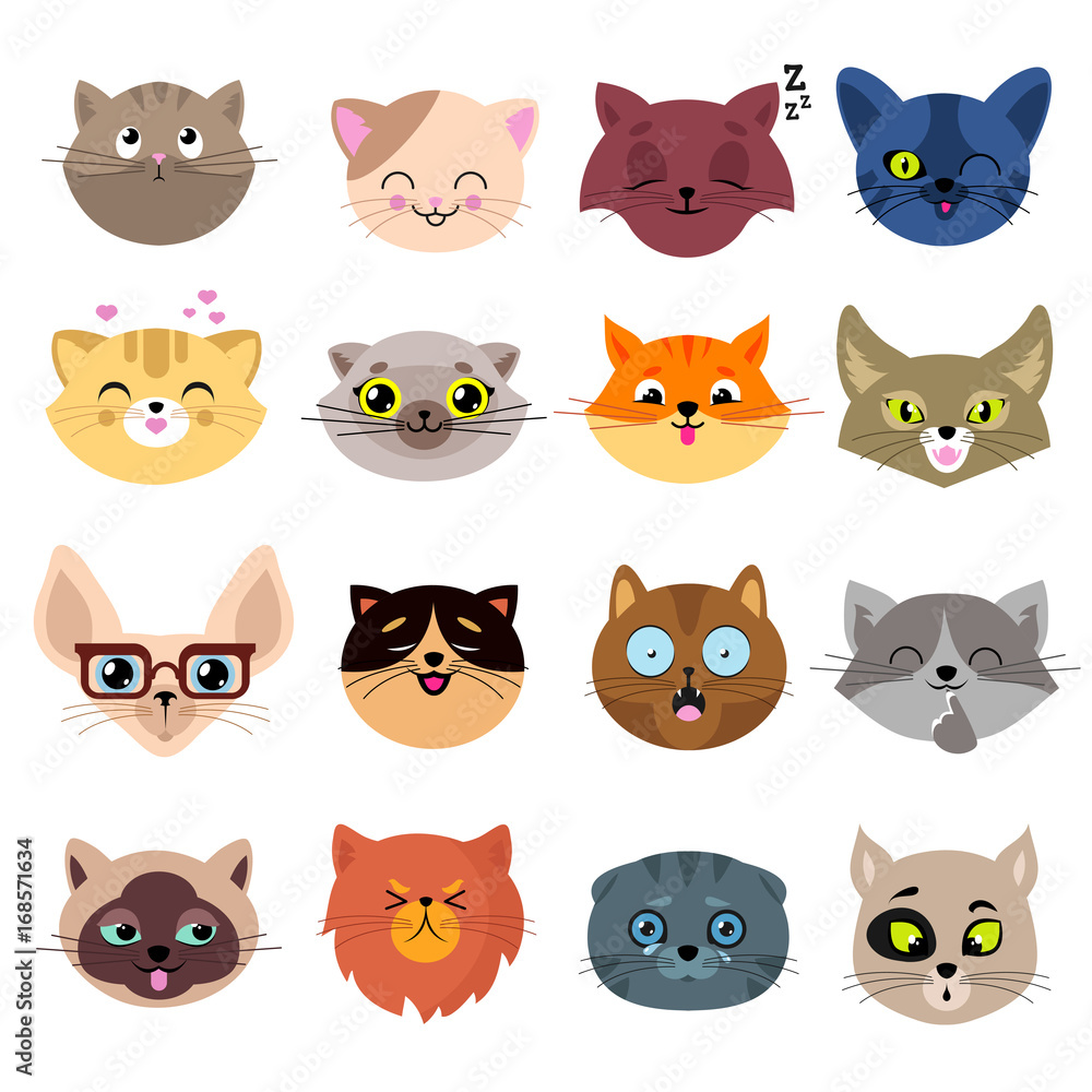 Fun cartoon cat faces. Cute kitten portraits vector set