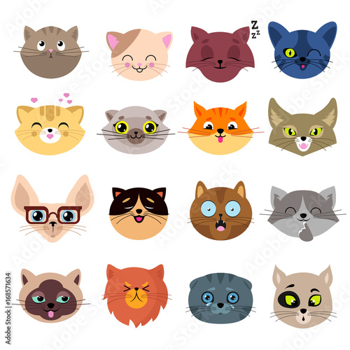 Fun cartoon cat faces. Cute kitten portraits vector set