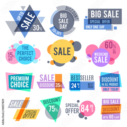 Promotion badges, best offer and price stickers and discount labels vector set