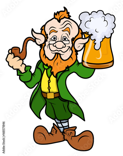 Cartoon Old Leprechaun Character Holding a Beer Glass