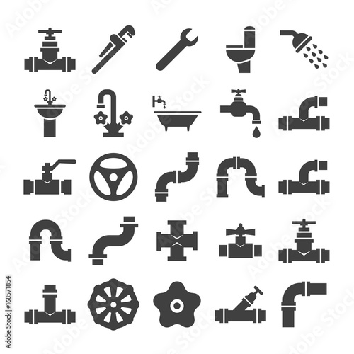 Fotografija Sanitary engeneering, valve, pipe, plumbing service objects icons collection