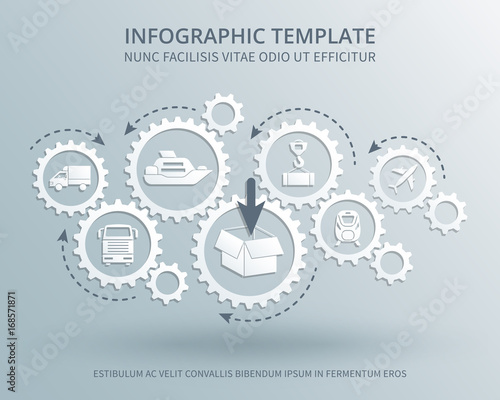 Delivery and distribution business vector consept with gears mechanism, transport, packing and shipping icons