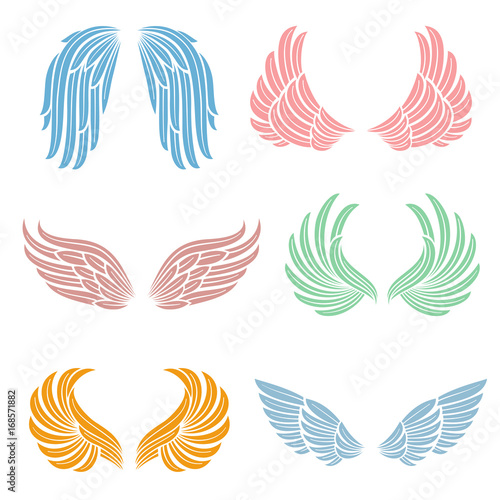 Elegant angel wings with long feather. Angelic symbols isolated vector set