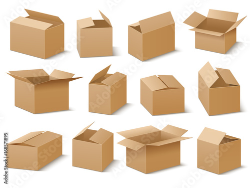 Open and closed cardboard boxes vector set