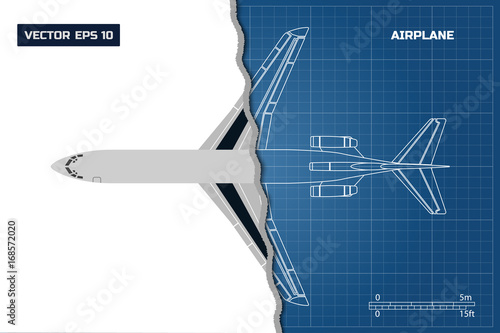 Outline drawing of plane on a blue background. Industrial blueprint of airplane. Top view. Vector illustration