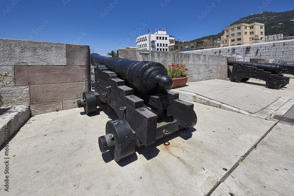 Gibraltar rock, an old cannon to defend the harbor