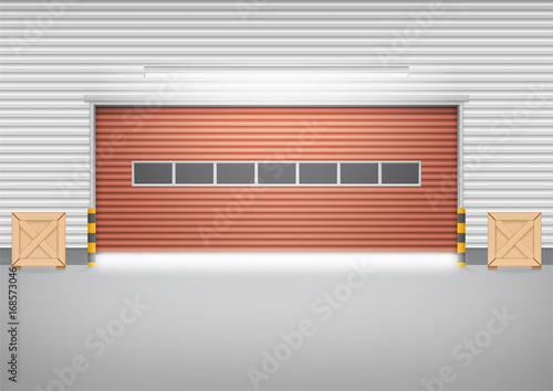 Roller door or roller shutter. Also called security door or security shutter. For protect residential, commercial and industrial building i.e. house, factory, warehouse, hangar. Vector illustration.