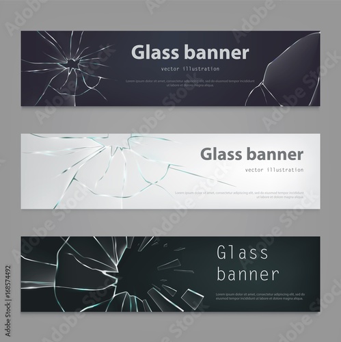 Set of vector illustrations of broken glass banners , broken, cracked glass in realistic style. Background, element for design