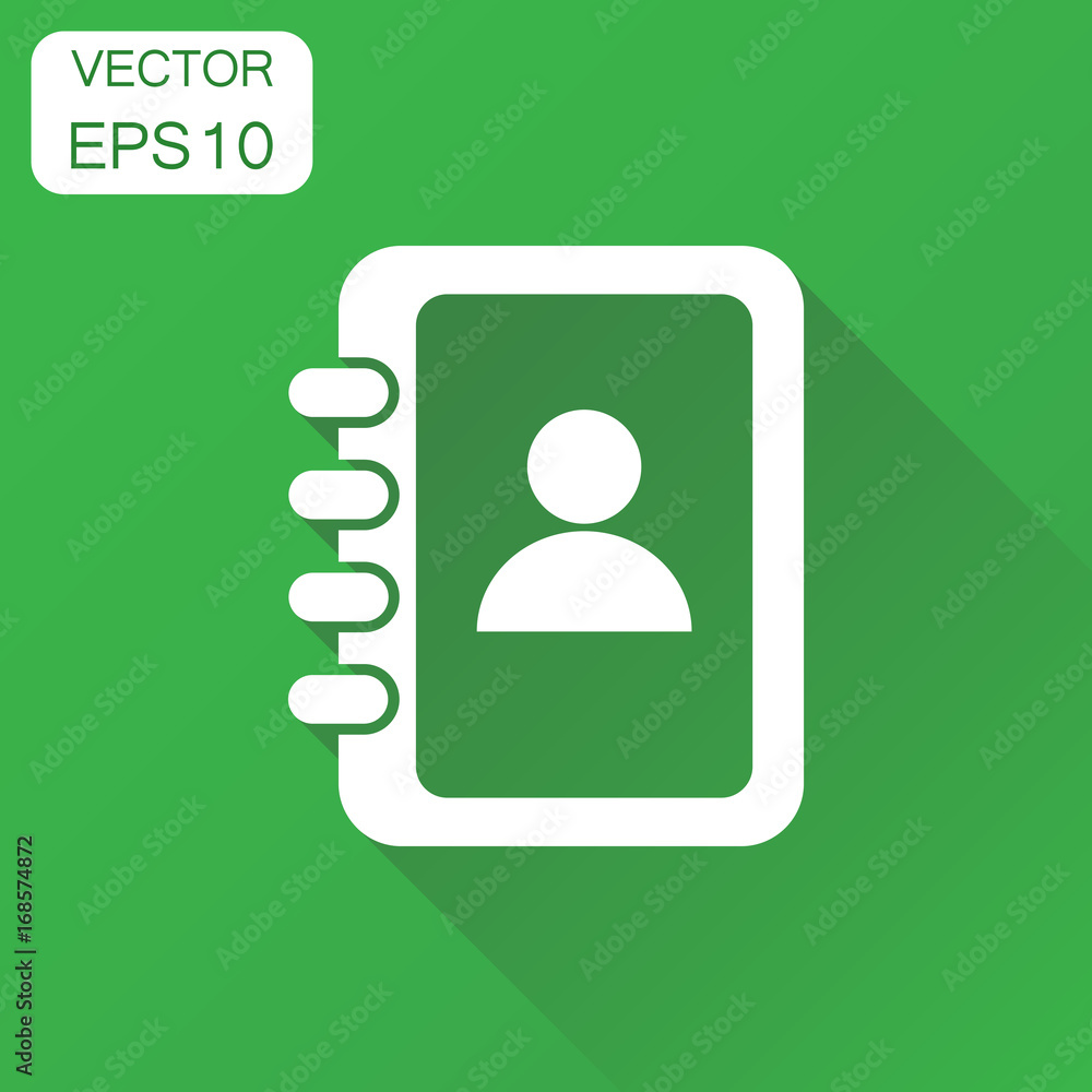 Address book icon. Business concept contact note pictogram. Vector illustration on green background with long shadow. Address book icon. Business concept contact note pictogram. Vector illustration on green background with long shadow.