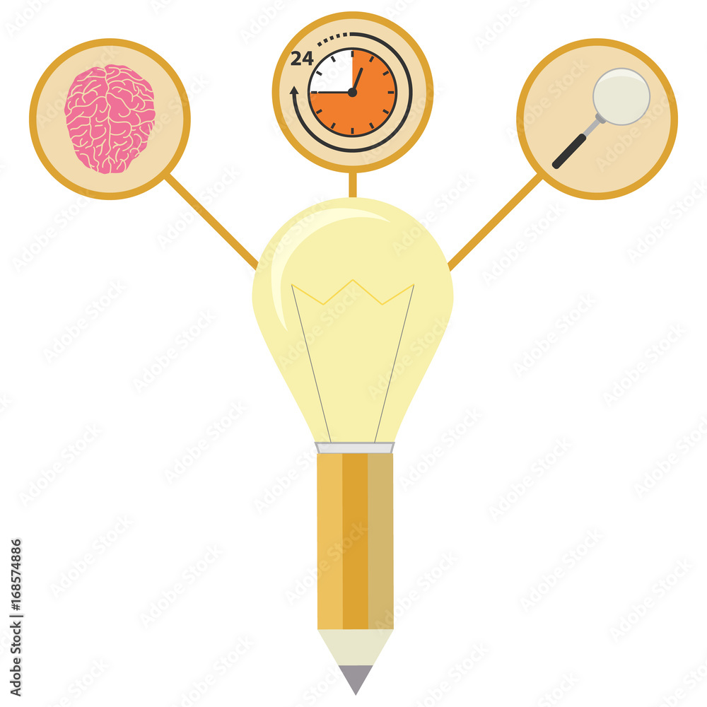 A light bulb with a pencil is a creative idea. Brain, time and magnifier. A light bulb with a pencil is a creative idea. Brain, time and magnifier.