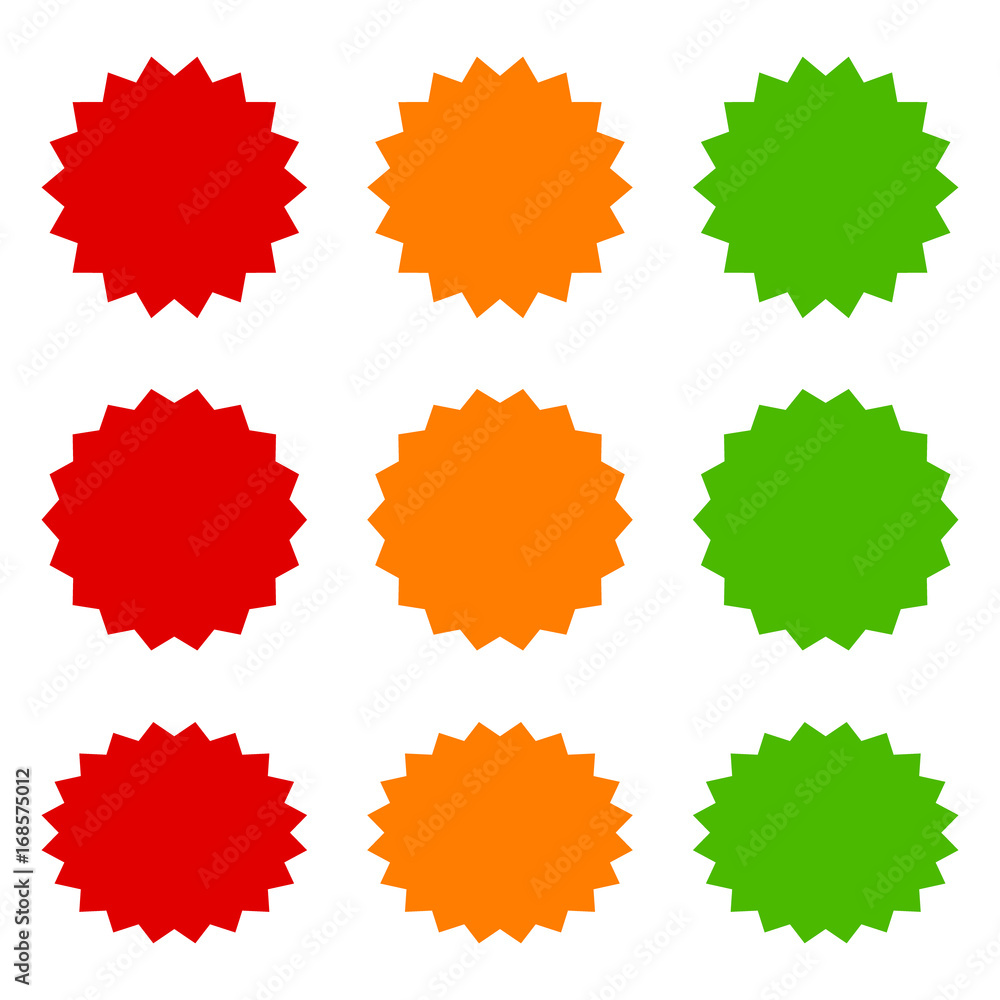 9 starbursts, bursts / labels in red, orange and green flat vector icons for apps and websites 9 starbursts, bursts / labels in red, orange and green flat vector icons for apps and websites