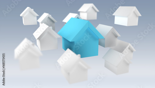 3D rendered small white and blue houses