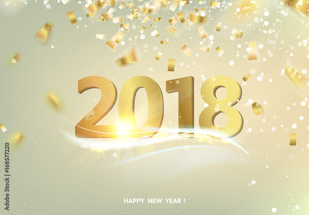 Happy new year card over gray background with golden confetti. Text sign 2018 year. Vector illustration.