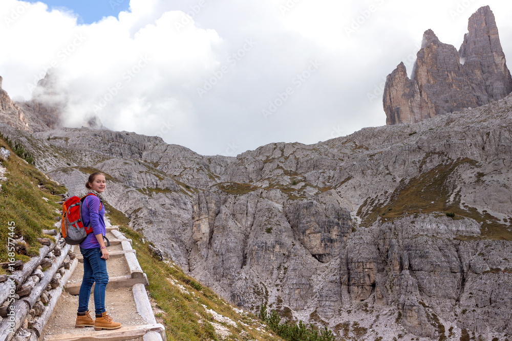 tourist girl at the Dolomites tourist girl at the Dolomites