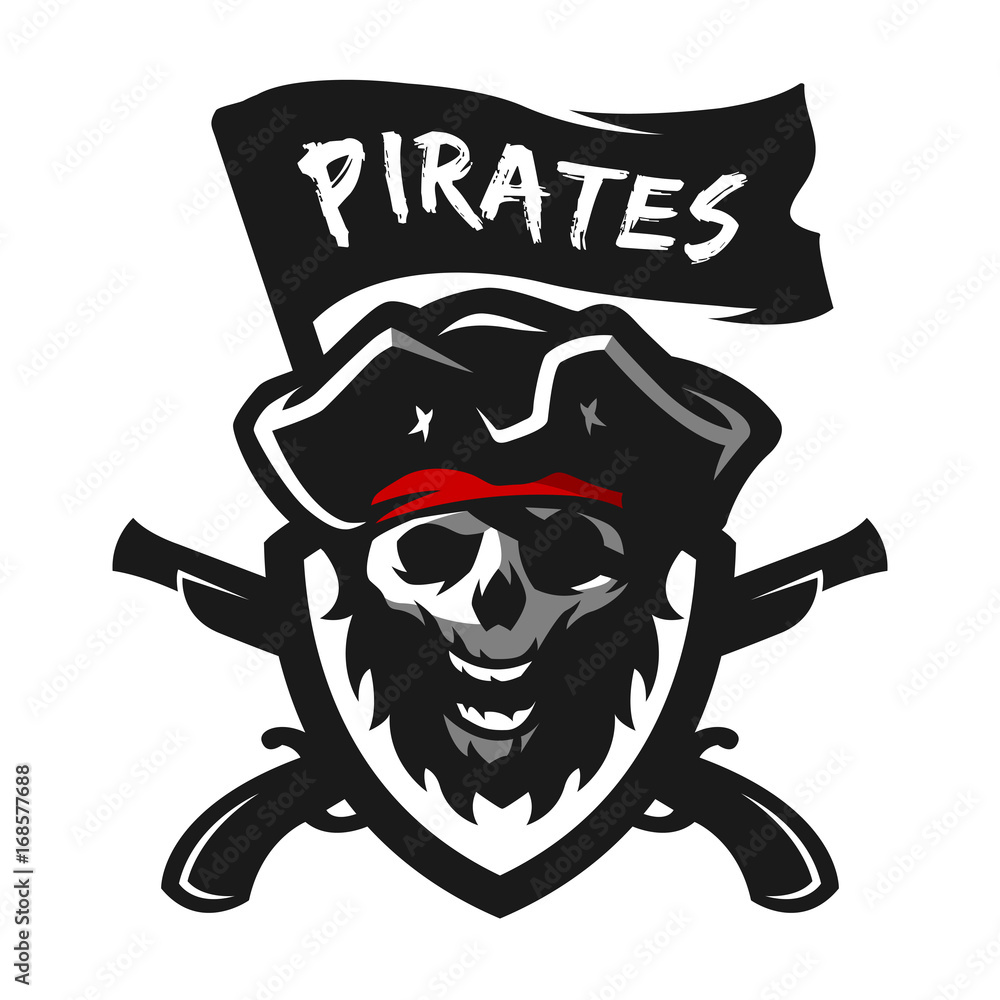 Fototapeta premium Skull of captain of pirates. Logo, emblem.