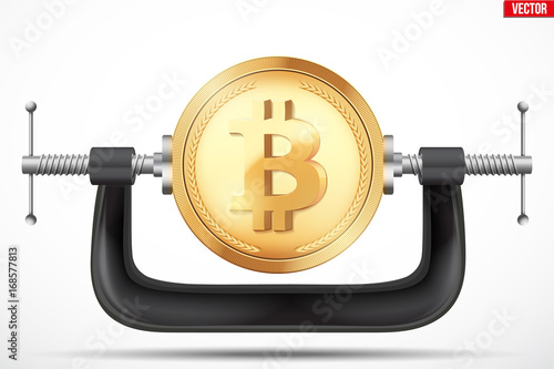 Cryptocurrency symbol bitcoin being squeezed in vice. The concept of pressure on the digital currency by the government or banks. Vector Illustration isolated on background.