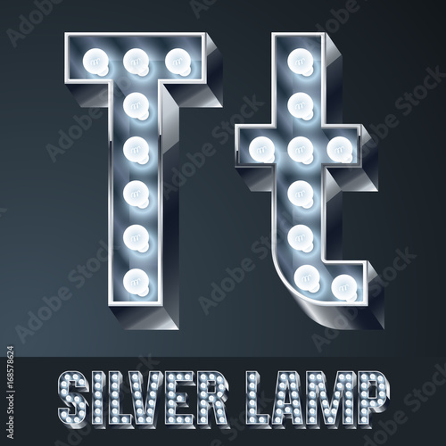 Vector light up gray alphabet, silver graphic font. Letter T