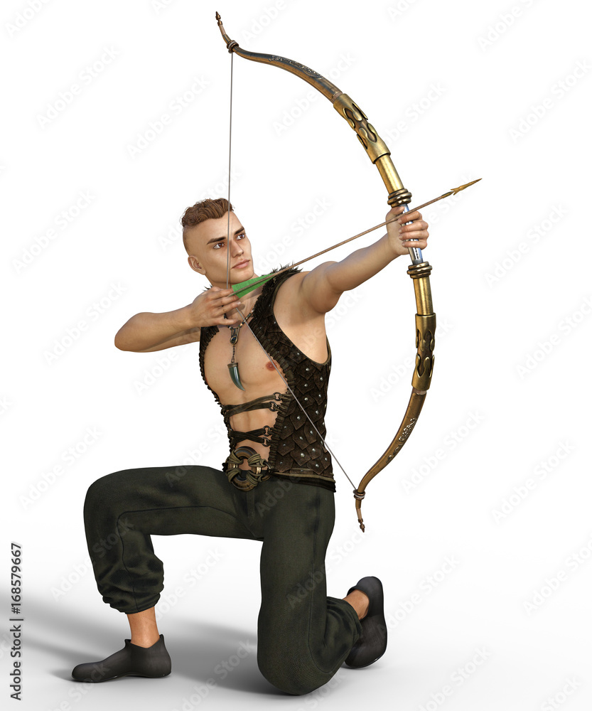 3d render of a young handsome fantasy archer aiming at some target isolated on white background. 3d render of a young handsome fantasy archer aiming at some target isolated on white background.