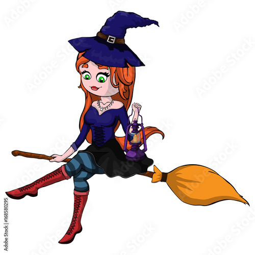 Cute redheaded witch flying on a broom isolated on a white background