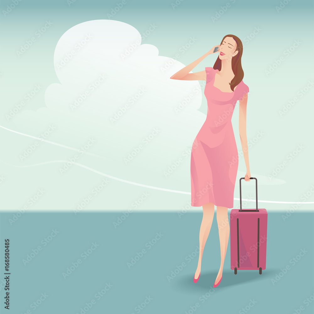 The pretty woman traveller with suitcase walking and talking on the phone, She wearing a pink dress on blue sky background. The pretty woman traveller with suitcase walking and talking on the phone, She wearing a pink dress on blue sky background.