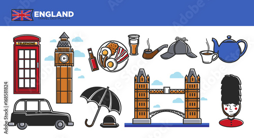 England travel destination promotional poster with national symbols