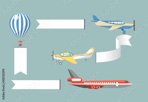 Advertisement black placards attached to aircrafts illustrations set