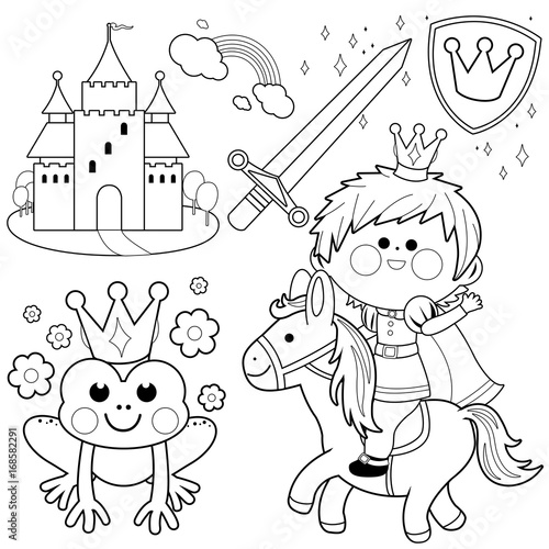 Fairy tale set with a prince riding a horse and a castle. Vector black and white coloring page