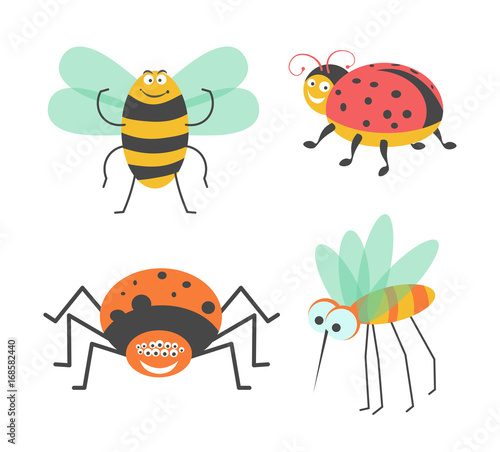 Funny insects with cute faces isolated illustrations set