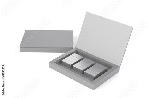 3D render of three king size cigarette boxes or packs in carton presenter on a white background with shadow. Clipping path. Template for your design.