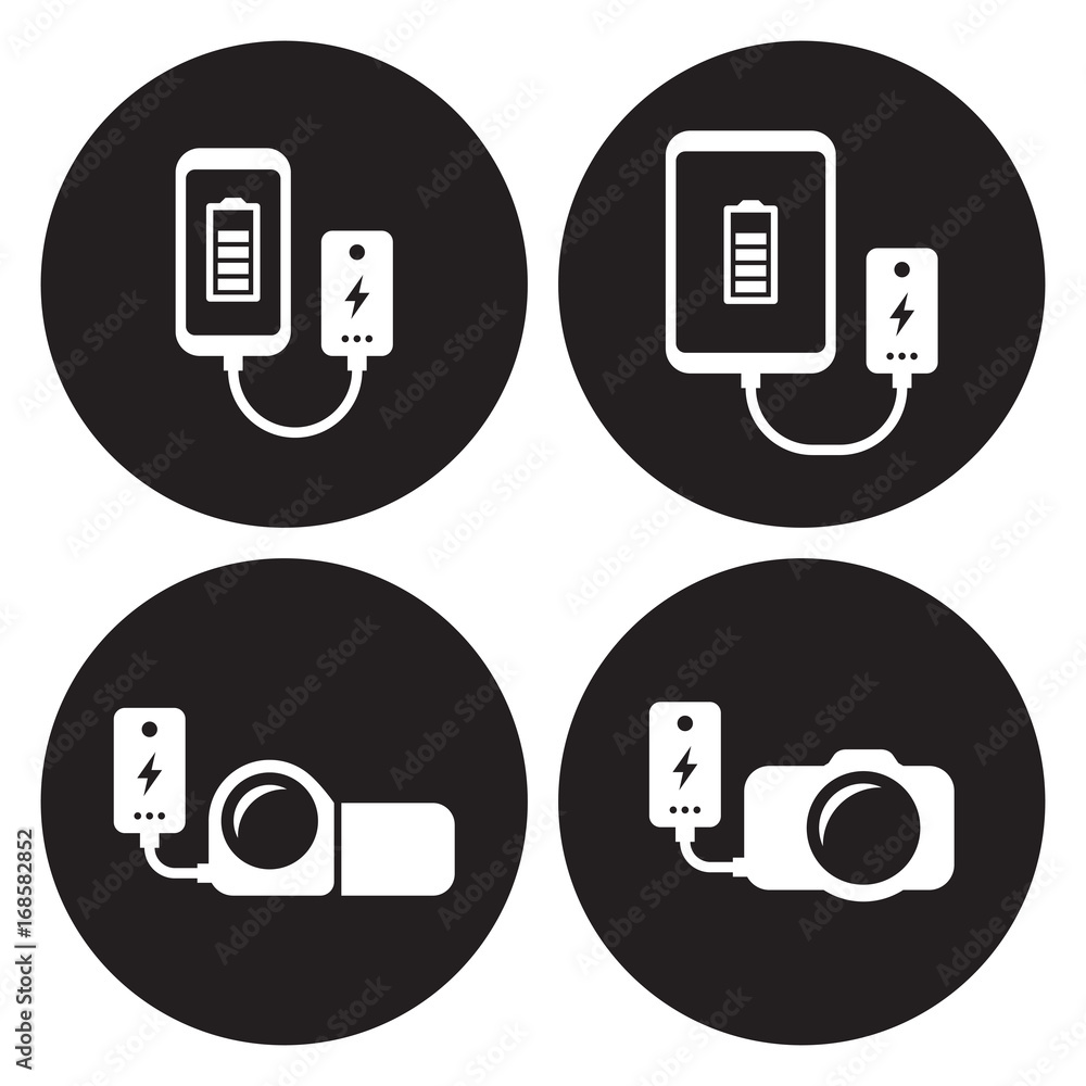 Power bank: tablet, camera, phone icons set Power bank: tablet, camera, phone icons set