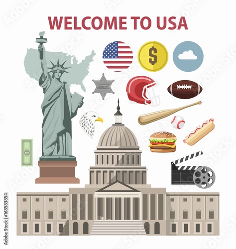 USA travel or America tourism welcome poster template vector tourist landmarks attractions photo