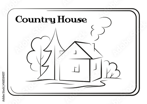 Landscape, Country House with Trees and Smoke Coming from Pipe, Black Contour Pictogram Isolated on White Background. Vector