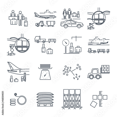 set of thin line icons baggage, luggage, transportation