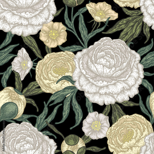 Floral seamless pattern with peony flowers. Vintage engraving background of peonies, branches and leaves. 