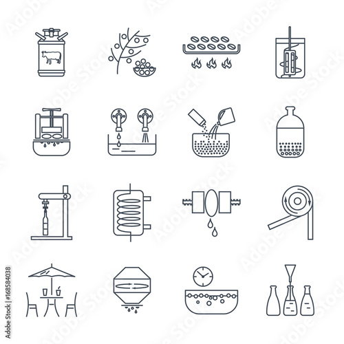 set of thin line icons drinks and beverages production process