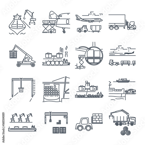 set of thin line icons loading and unloading of goods, handling, warehousing